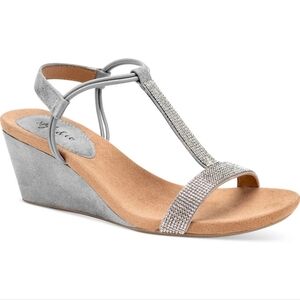 🆕 Style & Co Womens 12 Gray Metallic Wedge Heel T Strap Sandals Shoes NEW NIB